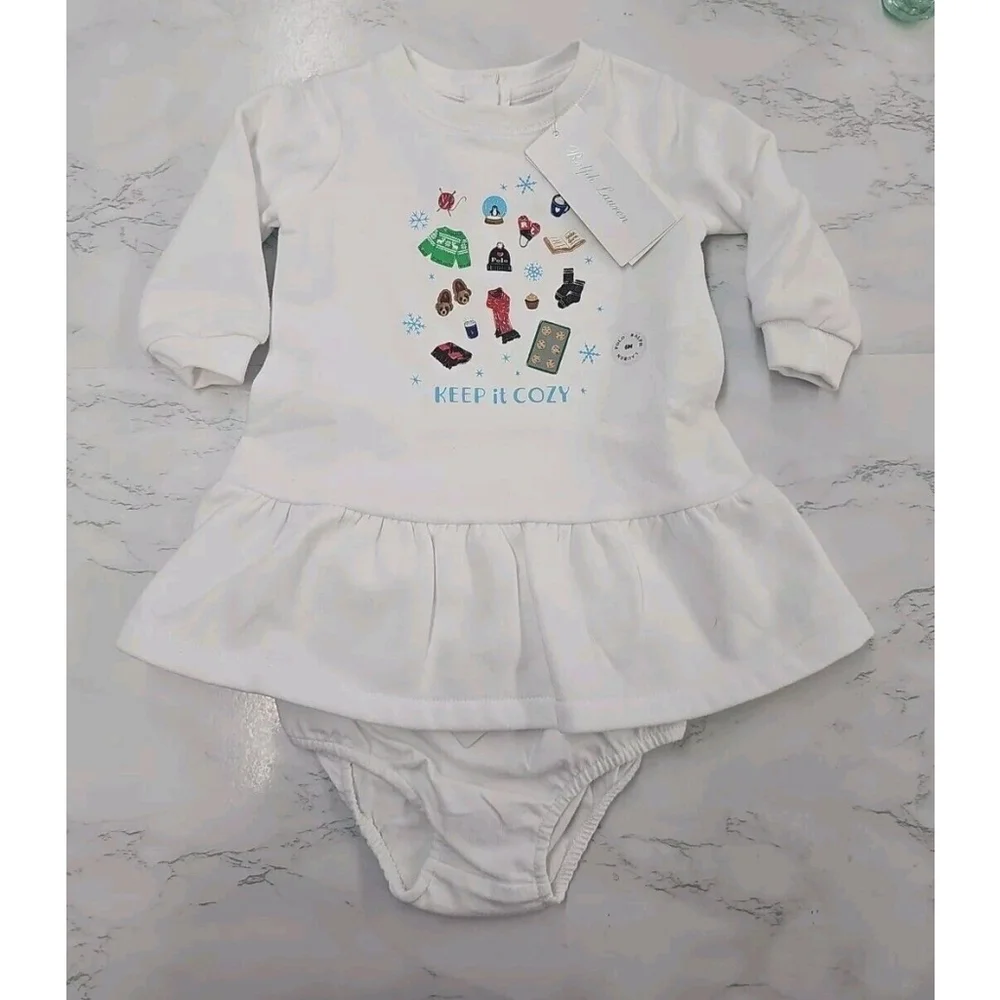 Ralph Lauren Baby Girls Winter Icon Fleece Dress & Bloomer White Size 6M NEW $60